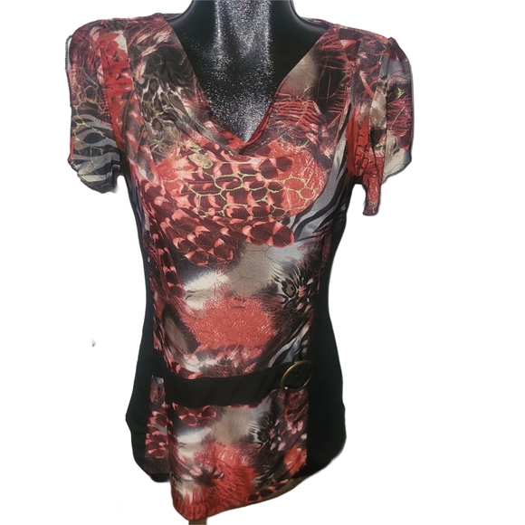 Champagne Tops - Champagne By Le Grenier Colorful Draped Neckline And Short Flutter Sleeved Top M